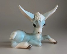 Vintage 1950s Szeiler Large Blue Deer Fawn Figurine Studio Pottery Hand Painted
