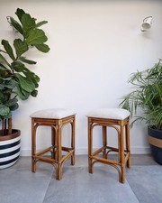 Vintage Bamboo Bar / Kitchen Upholstered Stools (Pair)