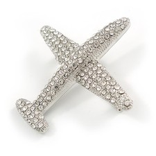 Clear Crystal Aeroplane Brooch In Silver Tone Metal - 50mm Across