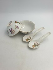 Vtg Chinese Porcelain Rice Soup Bowls Spoons Various Boys Holding Signs 4PC Set