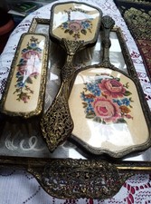Vintage Petit Point Embroidery Dressing Table Set and Tray 1950s
