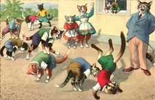 Cats Playing Leapfrog in School Yard, Alfred Mainzer Belgium Unposted Postcard