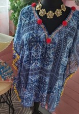 Womens Ladies Matalan kaftan tunic dress top blue Beach Cover Up Pom Pom XL