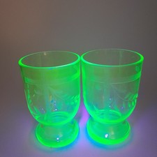 Small Pair Antique Uranium Green Glass Etched Glasses Collectable
