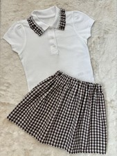 Handmade Brown School Gingham Outfit Set Skirt Polo Shirt Age 5-6