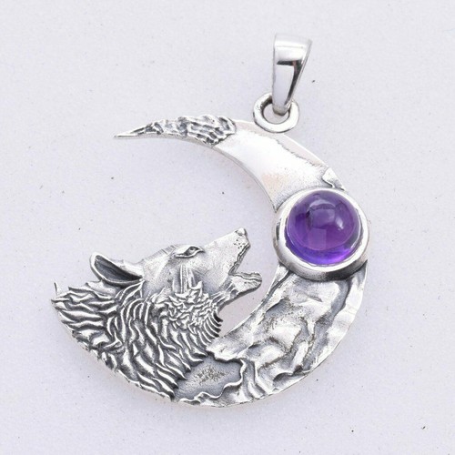 Wolf crescent moon pendant - wolf,