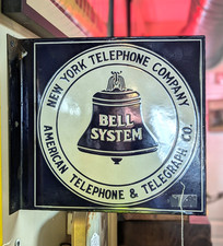 Original 1900s Antique Porcelain NY Telephone Co. Double-Sided Flange Sign