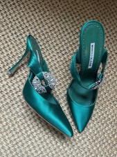 Manolo Blahnik Green Silk Crystal Maidugura Heels Mules Size 7