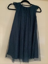 H &M Girls Navy Dress With Sparkly Chiffon Overlay, Age 9-10