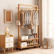 Rolling HeavyDuty Wooden Clothes Rail Garment Hanging Stand Corner Open Wardrobe