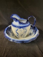 Antique Elegant Flower Decorated Wash Basin Water Pitcher and Bowl