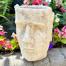 Rustic Easter Island Planter Stone Antique Grey Moai Face Head Round Garden Pot