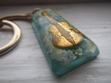 Vintage '60s Gold Golden Guitar Figurine Clear Lucite Turquoise Keyring Keychain