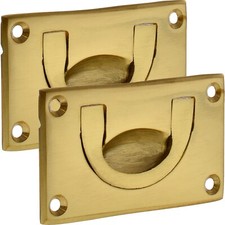 2 x SOLID BRASS FLUSH PULL DOOR HANDLE 70mm Wide Ring Cabinet Drawer Rectangle