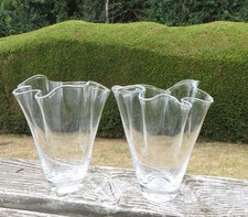 A Pair Mid Century Handkerchief Clear Glass Vases 23.5cm Ruffled Rim Hand Blown