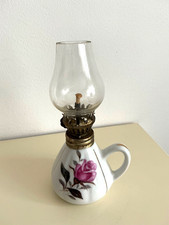 Vintage Mini Oil lamp Ornament Miniature Porcelain Oil lamp Pink Roses , working