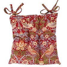 William Morris Strawberry Thief Red Tapestry Quilted Seat Pad. With Chair Ties