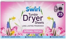 Swirl Spring Fresh Tumble Dryer Sheets Pack Of 35 Reduce Creases Freshens Fabric