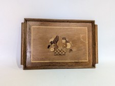 Vintage Wooden Inlaid Serving Tray Drinks Tea Fruit Rectangular Mid Century 
