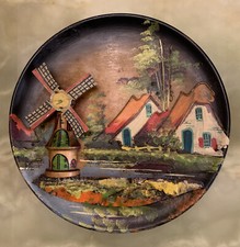 VINTAGE DUTCH 3D SPINNING WINDMILL MUSICAL HAND PAINTED WOODEN WALL PLATE 1950'S