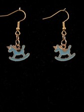 Blue Unicorn Rocking Horse Earrings Baby Shower Boy Enamel Gold Tone