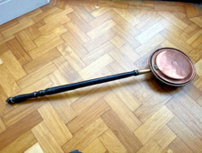 Large Antique 10" Copper Bed Warmer Warming Pan with Wooden Handle