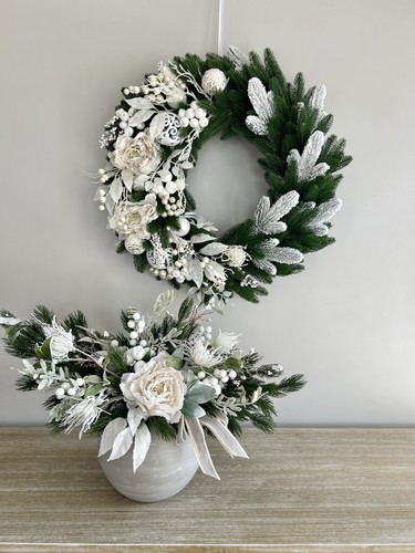 Faux winter centrepiece white - winter, centrepiece,