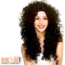 Black Long Curly Wig Ladies Fancy Dress 1980s Retro Adults Costume Accessory New