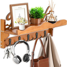 OT-NVWOZR Coat Rack with Shelf Wall Mount, 42Cm Wood Coat Hooks 5 Dual Hooks& Ha