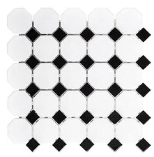 White and Black Mixed Octagon Porcelain Mosaic Floor and Wall Tile (BOX OF 5)