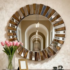 Large Round Wall Mirror Decorative Sunburst Silver-Brown Crystal Edge 24/32 Inch