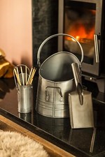 Fireside Accessory Set Coal Bucket Shovel Matchstick Holder Silver Kindling Log