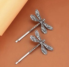 Ladies Antique Silver Dragonfly Hair Grips Clips X 2