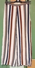 Topshop Striped Wide-Legged Trousers - Size 14 - Cream/Blue/Brown/Green Stripe.