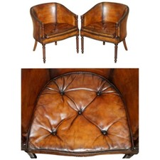 PAIR OF HAND DYED BROWN LEATHER THOMAS CHIPPENDALE CHESTERFIELD TUB ARMCHAIRS