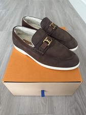 Authentic Louis Vuitton Estate Loafers Brown Gold Suede Leather RRP £745 UK 9
