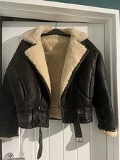 Shearling Real Sheepskin Genuine Leather Aviator Jacket Brown, M