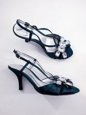 Barratts size 2 (34.5) dark green satin strappy jewelled stiletto heel sandals