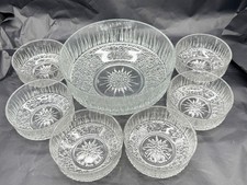 VINTAGE GLASS TRIFLE DESSERT BOWL SET WITH 6 MATCHING BOWLS SUNBURST DESIGN