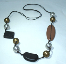 WOOD SHAPES & SILVER/BRONZE BEADS NECKLACE - 86CM-WAXED COTTON THREAD
