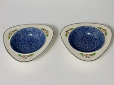 Soho Pottery England Triangular Bowls Pair Dark Blue Glazed Interior 1930-1944.