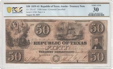 1839-41 $50 Republic of Texas, Austin Treasury Note - PCGS VF30 Cr- TX-A7