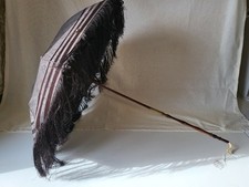 Antique Victorian black folding carriage parasol, small fringed umbrella