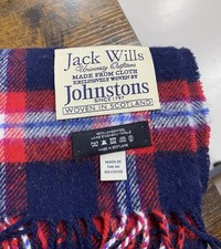 Jack Wills  Johnstons Blue Red Tartan LAMBS WOOL FRINGED SCARF