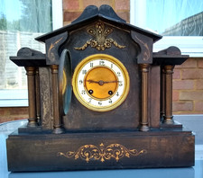 Antique Victorian Slate Marble Clock & Key. Pro serviced & in good chiming order