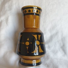 Vtg  60s Skye Arthur Wood Vase Mustard Black Daisy Ceramic MCM