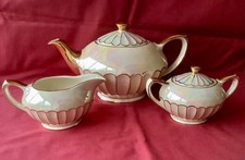 ART DECO SADLER TEAPOT MILK & SUGAR SET PEARLISED CREAM LUSTREWARE 2357 C1930s