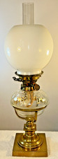 Paraffin Oil Lamp HINKS NO 2 LEVER Brass Base Cut Glass Font Milk Glass Shade