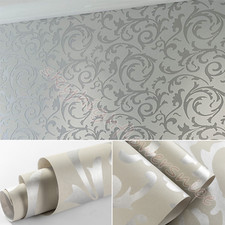 3D Glitter Silver Grey Damask