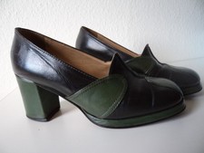 Vintage 1970s Platform Sole 3" Block Heel Green & Black Leather Shoes Size 5.5